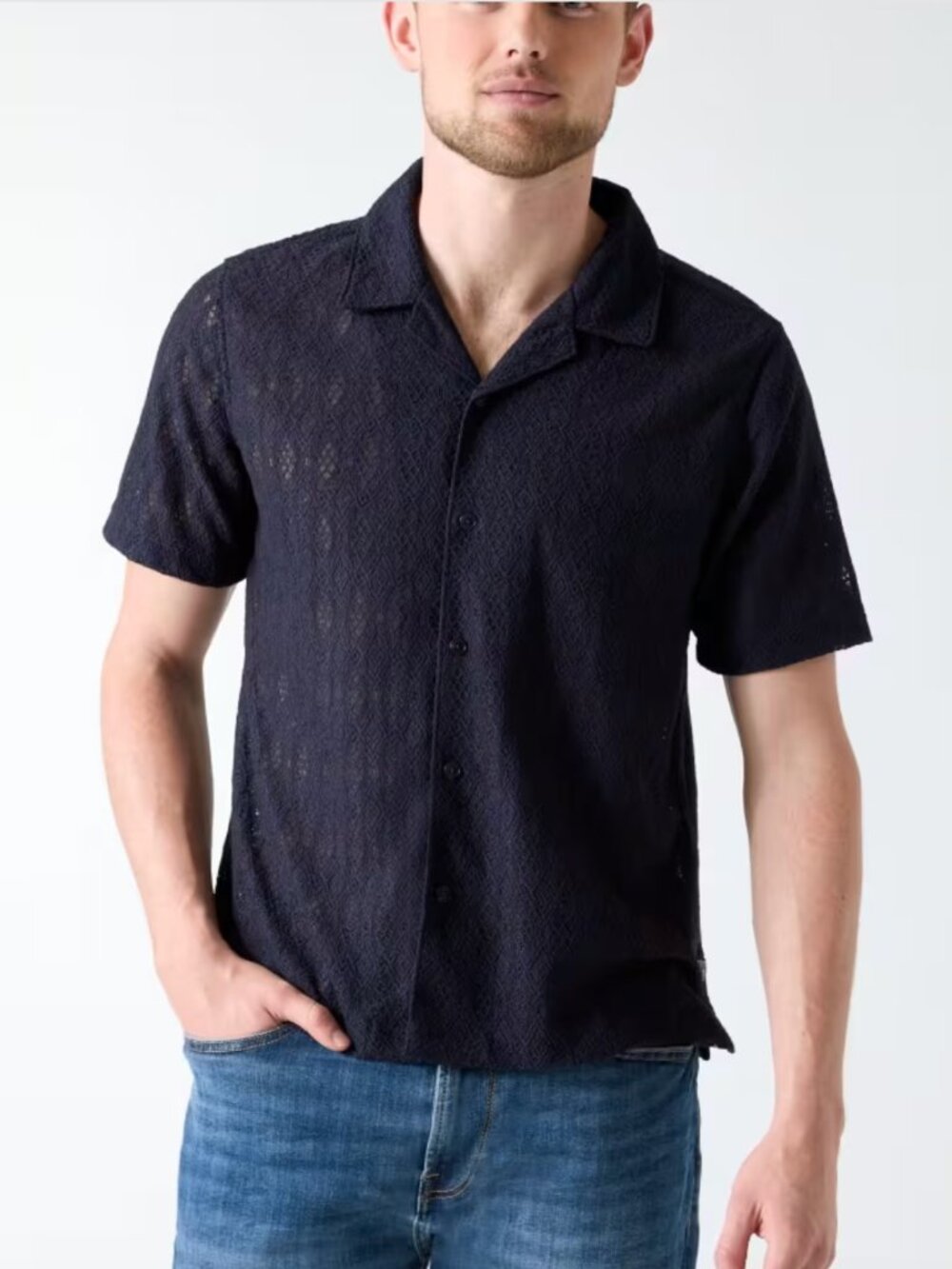 Guess Navy Blue Crochet Open Knit Shirt Short Sleeve Medium